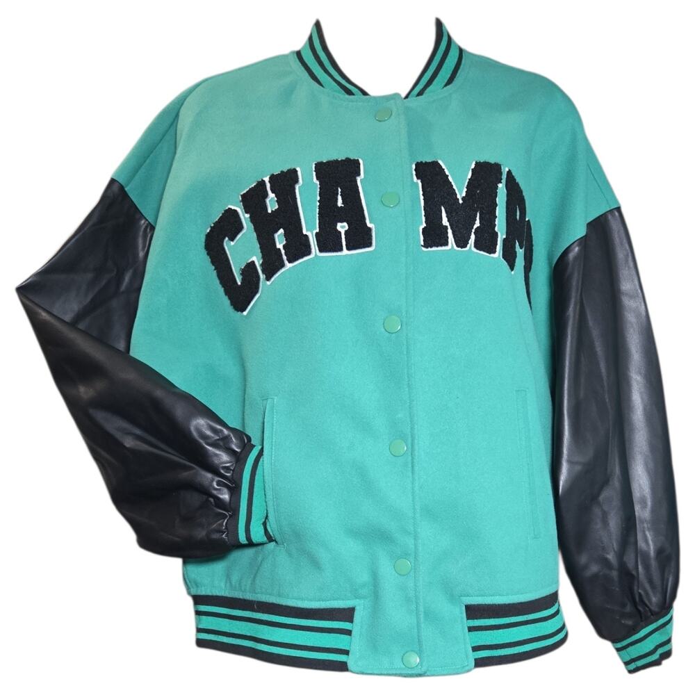 Birch and Stone Wom Small Green CHAMPS Varsity Jacket Faux Leather Bomber Y2K